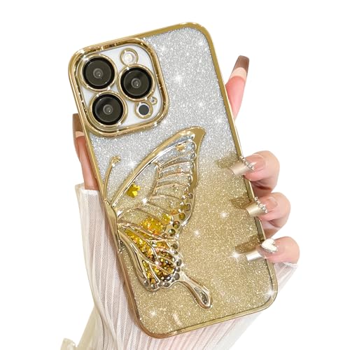 AIGOMARA Glitzer Hülle für iPhone 14 Pro Max Hülle, 3D Schmetterling Dreidimensional Handyhülle mit funkelnder Treibsand, Bling Farbverlauf Karte, Kameraschutz Transparent Schutzhülle für Frauen, Gold von AIGOMARA