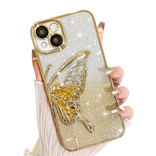AIGOMARA Glitzer Hülle für iPhone 15 Pro Hülle, 3D Schmetterling Dreidimensional Handyhülle mit funkelnder Treibsand, Bling Farbverlauf Karte, Kameraschutz Transparent Schutzhülle für Frauen, Gold von AIGOMARA