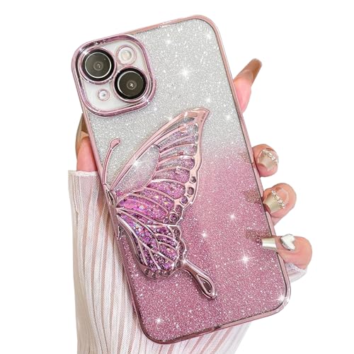 AIGOMARA Hülle Glitzer für iPhone 15 Pro, Handyhülle 3D Schmetterling Muster, Flüssig Treibsand, Schutzhülle Kameraschutz, Dünn Aesthetic Silikon Bumper Stoßfeste TPU Case, Mädchen Frauen, Rosa von AIGOMARA