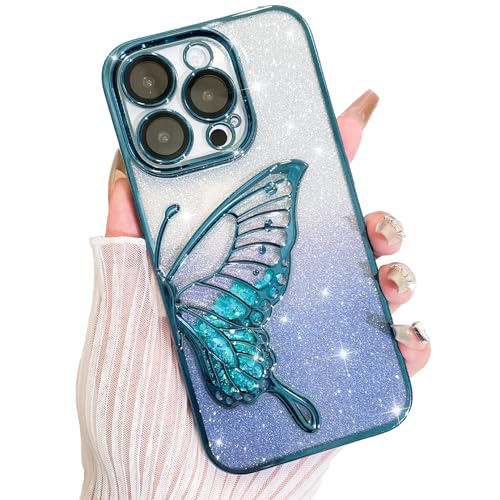 AIGOMARA Hülle Glitzer für iPhone 15 Pro Max, Handyhülle 3D Schmetterling Muster, Flüssig Treibsand, Schutzhülle Kameraschutz, Dünn Aesthetic Silikon Bumper Stoßfeste TPU Case, Mädchen Frauen, Blau von AIGOMARA