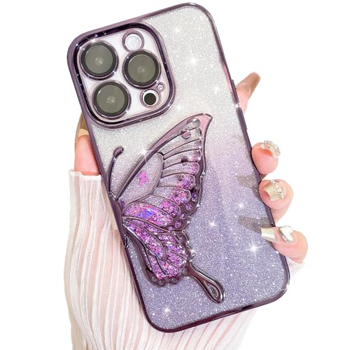 AIGOMARA Hülle Glitzer für iPhone 15 Pro Max, Handyhülle 3D Schmetterling Muster, Flüssig Treibsand, Schutzhülle Kameraschutz, Dünn Aesthetic Silikon Bumper Stoßfeste TPU Case, Mädchen Frauen, Lila von AIGOMARA