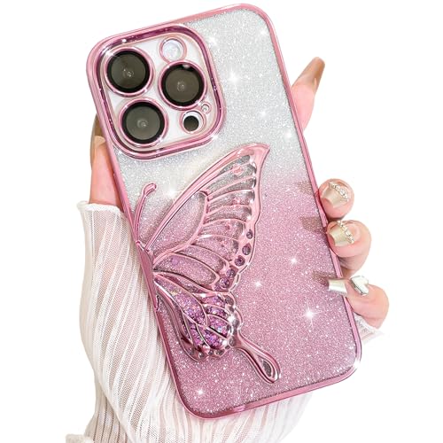 AIGOMARA Hülle Glitzer für iPhone 15 Pro Max, Handyhülle 3D Schmetterling Muster, Flüssig Treibsand, Schutzhülle Kameraschutz, Dünn Aesthetic Silikon Bumper Stoßfeste TPU Case, Mädchen Frauen, Rosa von AIGOMARA