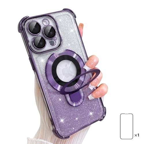 AIGOMARA Glitzer Ständer Hülle für iPhone 14 Pro Max, Handyhülle mit Magnetisch Metall Ring, Bling Transparent Clear Schutzhülle, Kameraschutz Stoßfest Stoßstange, TPU, Lila von AIGOMARA