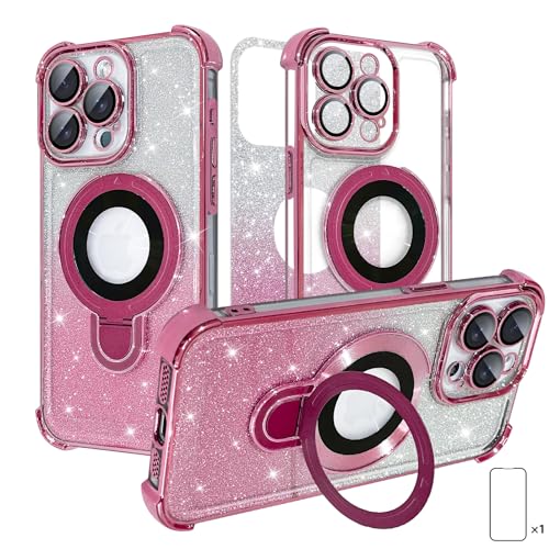 AIGOMARA Glitzer Ständer Hülle für iPhone 15 Pro Max, Handyhülle mit Magnetisch Metall Ring, Bling Transparent Clear Schutzhülle, Kameraschutz Stoßfest Stoßstange, TPU, Rosa von AIGOMARA