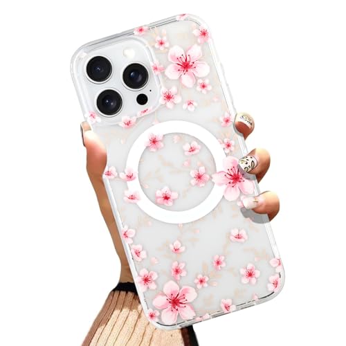 AIGOMARA Handyhülle für iPhone 15 Pro Max 6,7 Zoll [kompatibel mit MagSafe] Rosa Blumen-Design Kirschblüten-Design, weiches TPU und hartes Polycarbonat, stoßfest, kratzfest, Handyhülle für Frauen von AIGOMARA