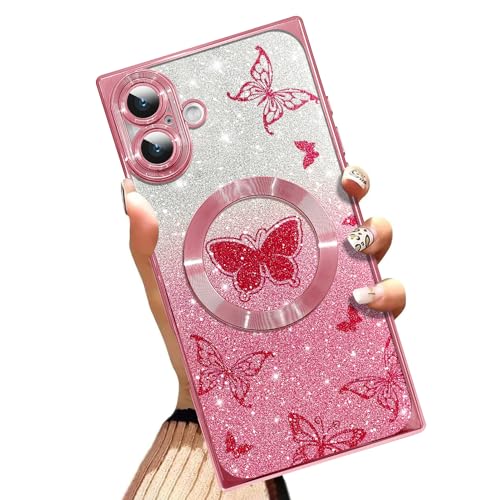 AIGOMARA Handyhülle für iPhone 16 Plus [Kompatibel mit MagSafe] Schmetterling Design Glitzer Bling Hülle Stoßfest Kratzfest Weiche TPU Cover für Frauen - Rosa von AIGOMARA