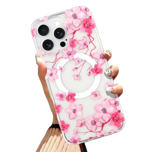 AIGOMARA Handyhülle hergestellt für iPhone 16 Pro Max 17,5 cm (6,9 Zoll), kompatibel mit MagSafe: Rosa Blumen-Design, weiches TPU und hartes Polycarbonat, transparent, stoßfest, kratzfest, Handyhülle von AIGOMARA