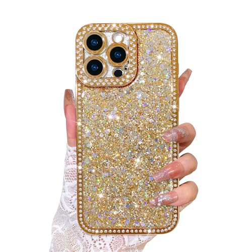 AIGOMARA Kompatibel mit iPhone 16 Pro Max Hülle Glitzer, Luxus Kristall Diamanten Cover für Frauen Mädchen, Slim Shiny Bling Stoßfest Weich TPU Schutzhülle für iPhone 16 Pro Max, Gold von AIGOMARA