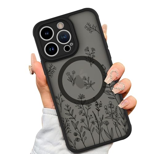 AIGOMARA Magnetische Schutzhülle für iPhone 14 Pro [kompatibel mit MagSafe] Niedliche schwarze Blumen-Schutzhülle für Frauen und Mädchen, weiche TPU-Stoßdämpfer, harte Rückseite aus Polycarbonat, von AIGOMARA
