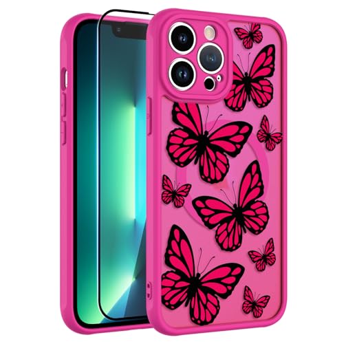 AIGOMARA Magnetische Hülle [Kompatibel mit MagSafe] für iPhone 13 Pro Max, süßes Schmetterlingsmuster-Design für Frauen und Mädchen, weiche, hautähnliche Stoßstange, harte Rückseite, von AIGOMARA