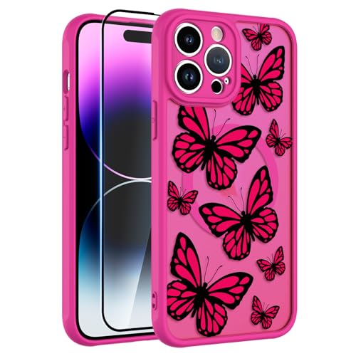 AIGOMARA Magnetische Hülle [Kompatibel mit MagSafe] für iPhone 14 Pro Max, süßes Schmetterlingsmuster-Design für Frauen und Mädchen, weiche, hautähnliche Stoßstange, harte Rückseite, von AIGOMARA