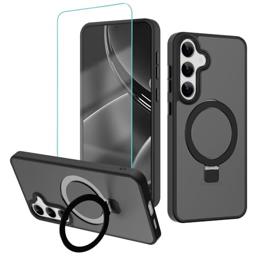 AIGOMARA Magnetische Hülle für S25 Plus [Kompatibel mit Magsafe] [Unsichtbarer Ringständer Kickstand] Schlank Stoßfest Durchscheinend Matt Rückseite Schutzhülle für S25 Plus, Schwarz von AIGOMARA