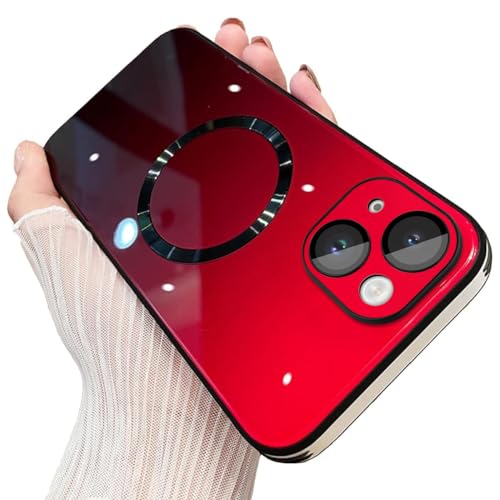 AIGOMARA Magnetische Hülle für iPhone 14 Plus kompatibel mit MagSafe Kabelloses Farbverlauf Glas Rückabdeckung, Kameraobjektivschutz, Stoßstange Stoßfest Schlank für Damen und Herren, TPU, Rot von AIGOMARA