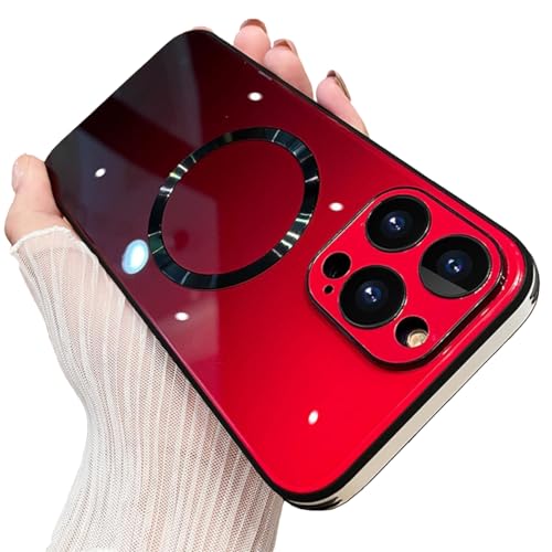 AIGOMARA Magnetische Hülle für iPhone 14 Pro kompatibel mit MagSafe Kabelloses Farbverlauf Glas Rückabdeckung, Kameraobjektivschutz, Stoßstange Stoßfest Schlank für Damen und Herren, TPU, Rot von AIGOMARA