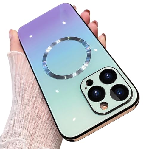 AIGOMARA Magnetische Hülle für iPhone 15 Pro Max kompatibel mit MagSafe Kabelloses Farbverlauf Glas Rückabdeckung, Kameraobjektivschutz, Stoßstange Stoßfest Schlank für Damen und Herren, TPU, Blau von AIGOMARA