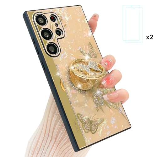 AIGOMARA Samsung Galaxy S23 Ultra Glitzer Ständer Hülle, Cute Schmetterling Bling Diamant Design Handyhülle mit Butterfly Ring, Marmor Perlmutt Muschel Blumen Muster Schutzhülle,TPU Stoßfänger, Gold AIGOMARA Samsung Galaxy S23 Ultra Glitzer Ständer Hülle, Cute Schmetterling Bling Diamant Design Handyhülle mit Butterfly Ring, Marmor Perlmutt Muschel Blumen Muster Schutzhülle,TPU Stoßfänger, Gold von AIGOMARA