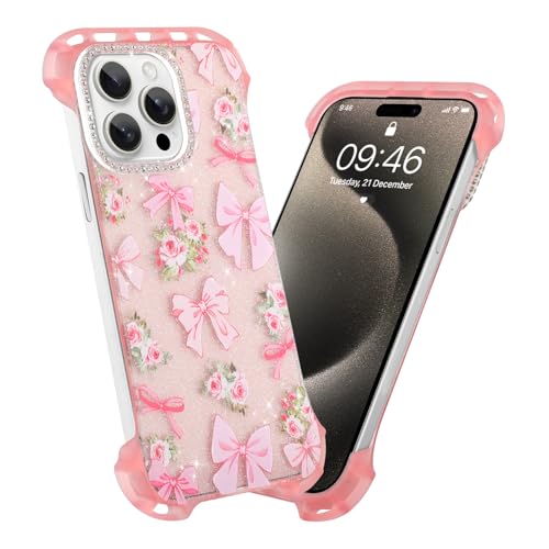 AIGOMARA Schlanke rahmenlose Schutzhülle für iPhone 15 Pro, süßes Schleifen-Design, Rosen-Design, transparent, Glitzer, Handyhülle für Frauen und Mädchen, ultradünne, minimalistische, randlose, harte von AIGOMARA