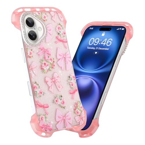 AIGOMARA Schlanke rahmenlose Schutzhülle für iPhone 16, süßes Schleifen-Design, Rosen-Design, transparent, Glitzer, Handyhülle für Frauen und Mädchen, ultradünne, minimalistische, randlose, harte AIGOMARA Schlanke rahmenlose Schutzhülle für iPhone 16, süßes Schleifen-Design, Rosen-Design, transparent, Glitzer, Handyhülle für Frauen und Mädchen, ultradünne, minimalistische, randlose, harte von AIGOMARA