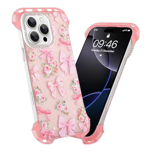 AIGOMARA Schlanke rahmenlose Schutzhülle für iPhone 16 Pro, süßes Schleifen-Design, Rosen-Design, transparent, Glitzer, Handyhülle für Frauen und Mädchen, ultradünne, minimalistische, randlose, harte von AIGOMARA