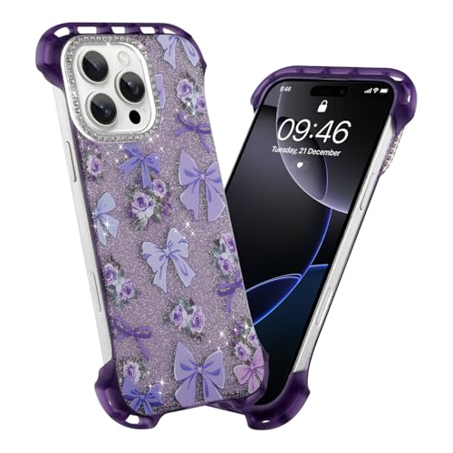 AIGOMARA Schlanke rahmenlose Schutzhülle für iPhone 16 Pro, süßes Schleifen-Design, Rosen-Design, transparent, Glitzer, Handyhülle für Frauen und Mädchen, ultradünne, minimalistische, randlose, harte von AIGOMARA