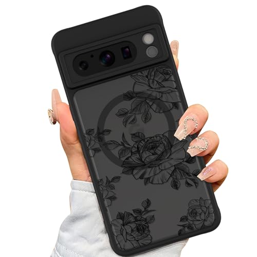 AIGOMARA Schutzhülle für Google Pixel 8 Pro [kompatibel mit MagSafe], schwarzes Blumenmuster, für Damen und Mädchen, weiches TPU-Stoßdämpfer, harte Rückseite aus Polycarbonat, stoßfest, schlank, von AIGOMARA