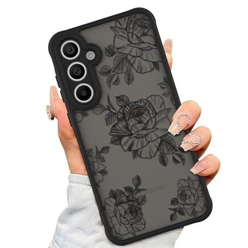 AIGOMARA Schutzhülle für Samsung Galaxy A55 5G, schwarzes Blumenmuster, für Damen und Mädchen, weiches TPU, harte Rückseite aus Polycarbonat, stoßfest, schlanke Schutzhülle von AIGOMARA