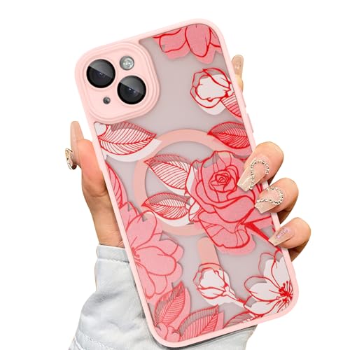 AIGOMARA Schutzhülle für iPhone 14 [kompatibel mit MagSafe] Rosa Blume Blumenmuster Design Hülle für Frauen Mädchen Weiche TPU Bumper Harte PC Rückseite Anti-Fall Stoßfest Schützende Schlanke von AIGOMARA
