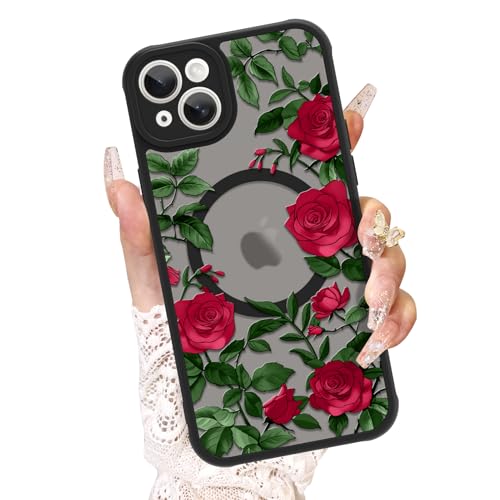 AIGOMARA Schutzhülle für iPhone 15, kompatibel mit MagSafe, niedliches Rosenmuster mit halbtransparentem, mattiertem Handyhülle, weiches TPU und Polycarbonat, schlanke Handyhülle, Rot AIGOMARA Schutzhülle für iPhone 15, kompatibel mit MagSafe, niedliches Rosenmuster mit halbtransparentem, mattiertem Handyhülle, weiches TPU und Polycarbonat, schlanke Handyhülle, Rot von AIGOMARA