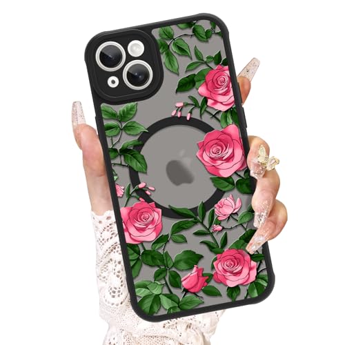 AIGOMARA Schutzhülle für iPhone 15 Plus, kompatibel mit MagSafe, niedliches Rosenmuster mit halbtransparentem, mattiertem Handyhülle, weiches TPU und Polycarbonat, schlanke Handyhülle, Rosa von AIGOMARA