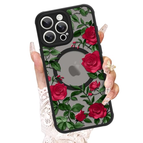 AIGOMARA Schutzhülle für iPhone 15 Pro, kompatibel mit MagSafe, niedliches Rosenmuster mit halbtransparentem, mattiertem Handyhülle, weiches TPU und Polycarbonat-Rückseite, schlanke Handyhülle, Rot von AIGOMARA