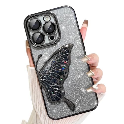 AIGOMARA für iPhone 12 Pro Max Hülle Glitzer, Handyhülle 3d Schmetterling Muster, Flüssig Treibsand, Schutzhülle Kameraschutz, Dünn Aesthetic Silikon Bumper Stoßfeste TPU Case, Mädchen Frauen, Schwarz von AIGOMARA