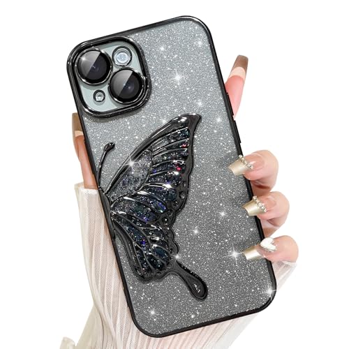 AIGOMARA für iPhone 13 Pro Hülle Glitzer, Handyhülle 3D Schmetterling Muster, Flüssig Treibsand, Schutzhülle Kameraschutz, Dünn Aesthetic Silikon Bumper Stoßfeste TPU Case, Mädchen Frauen, Schwarz von AIGOMARA