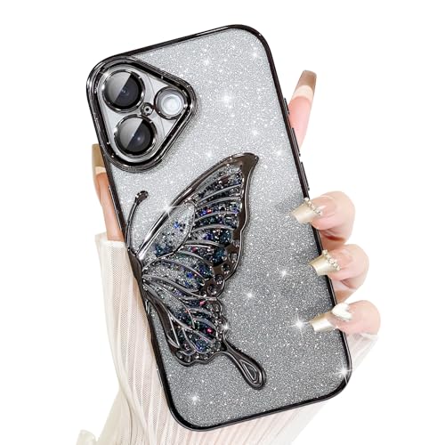 AIGOMARA für iPhone 16 Hülle Glitzer, Handyhülle 3D Schmetterling Muster, Flüssig Treibsand, Schutzhülle Kameraschutz, Dünn Aesthetic Silikon Bumper Stoßfeste TPU Case, Mädchen Frauen, Schwarz von AIGOMARA