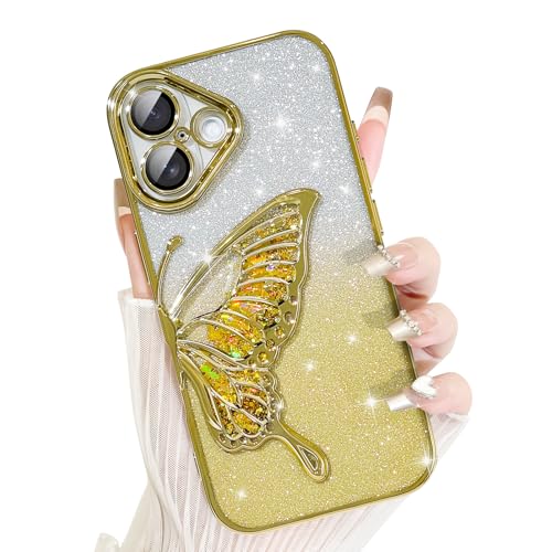 AIGOMARA für iPhone 16 Hülle Glitzer, Handyhülle 3D Schmetterling Muster, Flüssig Treibsand, Schutzhülle Kameraschutz, Dünn Aesthetic Silikon Bumper Stoßfeste TPU Case, Mädchen Frauen, Gold von AIGOMARA