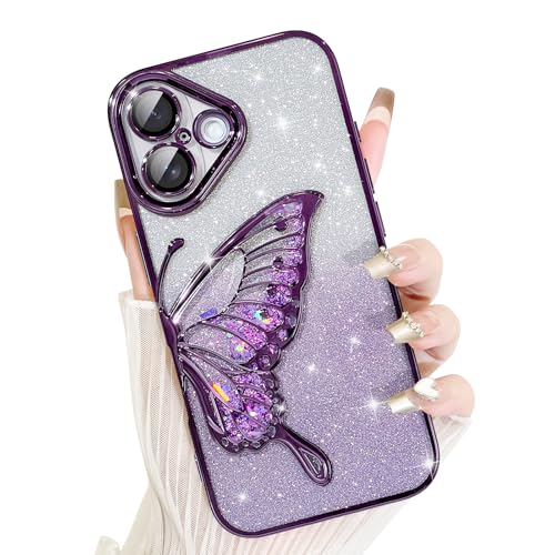 AIGOMARA für iPhone 16 Hülle Glitzer, Handyhülle 3D Schmetterling Muster, Flüssig Treibsand, Schutzhülle Kameraschutz, Dünn Aesthetic Silikon Bumper Stoßfeste TPU Case, Mädchen Frauen, Lila von AIGOMARA