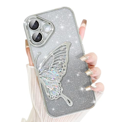 AIGOMARA für iPhone 16 Hülle Glitzer, Handyhülle 3D Schmetterling Muster, Flüssig Treibsand, Schutzhülle Kameraschutz, Dünn Aesthetic Silikon Bumper Stoßfeste TPU Case, Mädchen Frauen, Silber von AIGOMARA