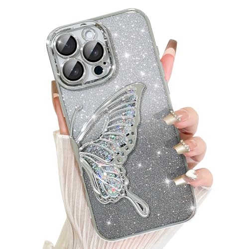AIGOMARA für iPhone 16 Pro Hülle Glitzer, Handyhülle 3D Schmetterling Muster, Flüssig Treibsand, Schutzhülle Kameraschutz, Dünn Aesthetic Silikon Bumper Stoßfeste TPU Case, Mädchen Frauen, Silber von AIGOMARA