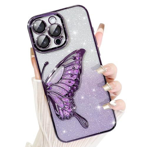 AIGOMARA für iPhone 16 Pro Max Hülle Glitzer, Handyhülle 3D Schmetterling Muster, Flüssig Treibsand, Schutzhülle Kameraschutz, Dünn Aesthetic Silikon Bumper Stoßfeste TPU Case, Mädchen Frauen, Lila von AIGOMARA