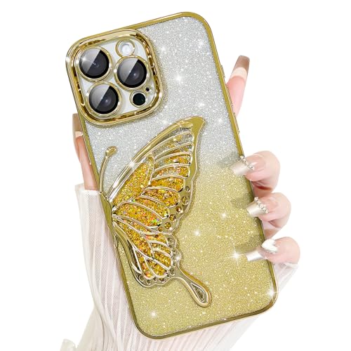 AIGOMARA für iPhone 16 Pro Max Hülle Glitzer, Handyhülle 3D Schmetterling Muster, Flüssig Treibsand, Schutzhülle Kameraschutz, Dünn Aesthetic Silikon Bumper Stoßfeste TPU Case, Mädchen Frauen, Gold von AIGOMARA