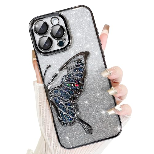 AIGOMARA für iPhone 16 Pro Max Hülle Glitzer, Handyhülle 3d Schmetterling Muster, Flüssig Treibsand, Schutzhülle Kameraschutz, Dünn Aesthetic Silikon Bumper Stoßfeste TPU Case, Mädchen Frauen, Schwarz von AIGOMARA