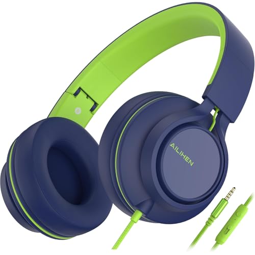 AILIHEN C8 Kopfhörer leicht faltbar mit Mikrofon Lautstärkeregelung Musik Headsets 3,5mm für Smartphones PC Laptop Mac MP3 Tablet (Blau Grün) von AILIHEN