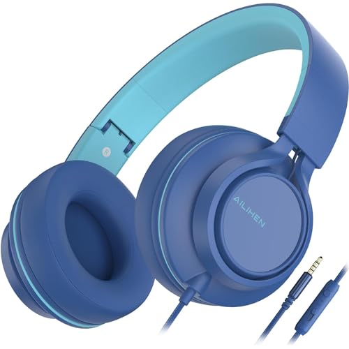 AILIHEN C8 Kopfhörer leicht faltbar mit Mikrofon Lautstärkeregelung Musik Headsets 3,5mm für Smartphones PC Laptop Mac MP3 Tablet (Indigo) von AILIHEN