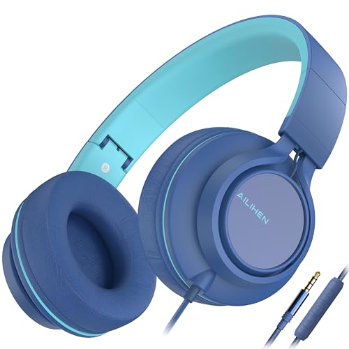 AILIHEN C8 Kopfhörer mit Kabel und Mikrofon, faltbar und verstellbar, On-Ear-Headsets, Lautstärkeregelung, HD-Stereo-Sound, 3,5-mm-Klinkenstecker für Chromebook, Laptop, Smartphone（Blau） von AILIHEN