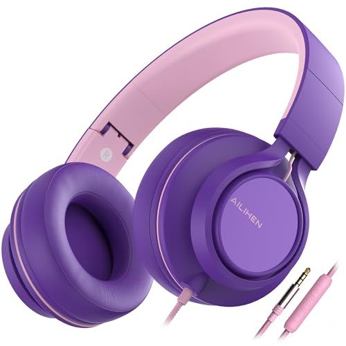AILIHEN C8 Kopfhörer leicht faltbar mit Mikrofon Lautstärkeregelung Musik Headsets 3,5mm für Smartphones PC Laptop Mac MP3 Tablet (Lila Pink) von AILIHEN