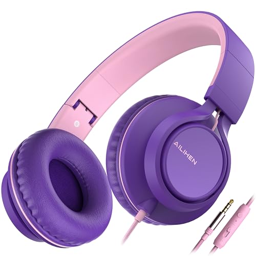 AILIHEN C8 Kopfhörer leicht faltbar mit Mikrofon Lautstärkeregelung Musik Headsets 3,5mm für Smartphones PC Laptop Mac MP3 Tablet (Lila Pink) von AILIHEN