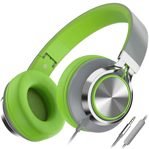 AILIHEN C8 Kopfhörer mit Kabel Mikrofon und Lautstärkeregler Faltbar 3,5mm Headsets On-Ear für Smartphones PC Laptop (Grau Grün) von AILIHEN