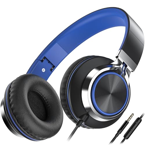 AILIHEN C8 Kopfhörer mit Kabel Mikrofon und Lautstärkeregler Faltbar 3,5mm Headsets On-Ear für Smartphones PC Laptop (Schwarz Blau) von AILIHEN