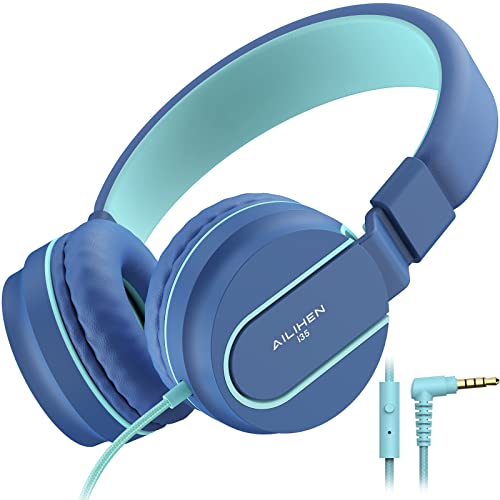 AILIHEN I35 Kinder Kopfhörer mit Mikrofon, Lautstärke begrenzt 93 dB, für Mädchen, Jungen, Teenager, leicht, faltbar, kabelgebunden, für Schule, Online-Kurs, Chromebook, Mobiltelefone（Blau） von AILIHEN
