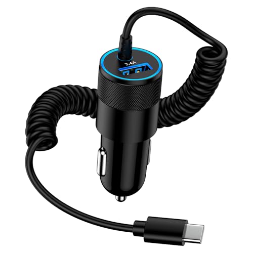 Zigarettenanzünder USB Adapter, AILKIN 3.4A Schnell Kfz Ladegerät Auto Ladegerät mit 1.2M Spiralkabel USB C Ladekabel für Samsung Galaxy S25 Ultra/S24 FE/S23/S22/S21/A56/A55/A54/A16/A15, iPhone 16/15 von AILKIN