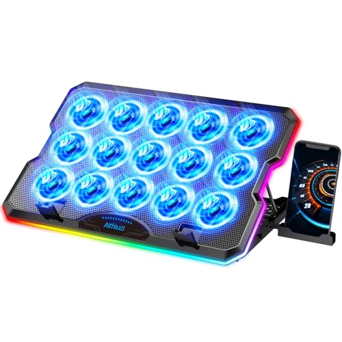 AIMIUZI Laptop-Kühlkissen, Gaming-Laptop-Kühler mit 15 leisen Lüftern für 30,5-43,8 cm (12–17,3 Zoll) Notebook, schlanker, tragbarer RGB-Laptop-Kühlständer mit 7 höhenverstellbaren 2 USB-Anschlüssen, von AIMIUZI